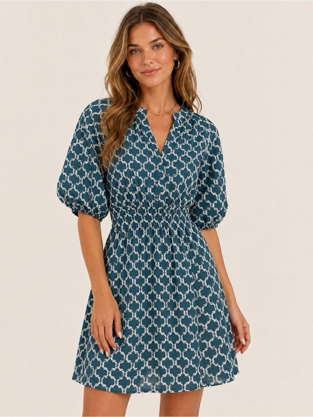 Teal Geometric Print Smocked Waist Dress
